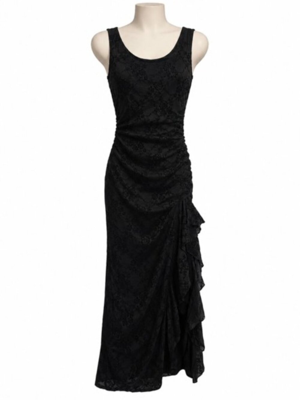 Altard State Annalyse Floral Maxi Dress Sheer Mesh Floral Lace Slit Cascade Ruff